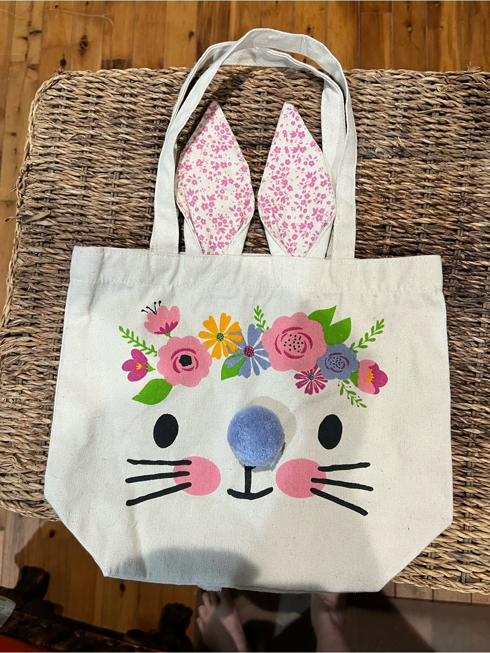 Eccolo Cream Bunny Tote Bag with Pink Floral Ears and Blue Pom Nose